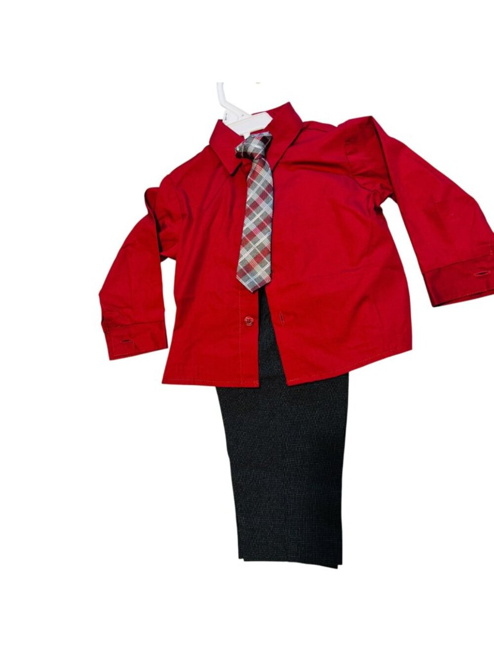 Van Heusen Baby Boys 3-Piece Outfit Set - Red Shirt Plaid Tie Gray Pants Size 12